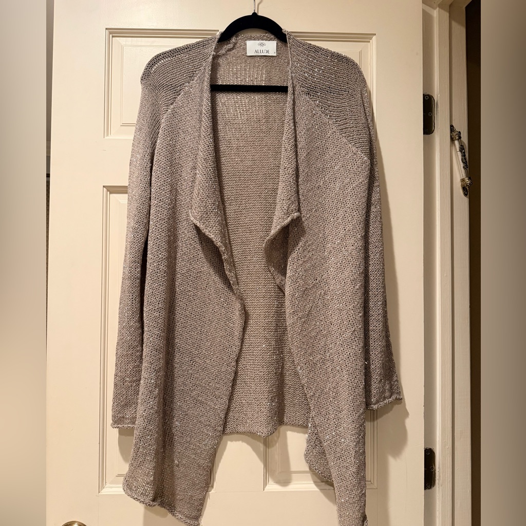 High End Designer Allude Sparkly Taupe Open Front Cardigan